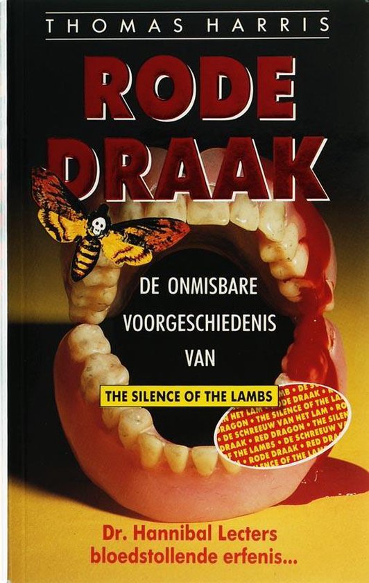Boekomslag van Rode Draak, met een nachtvlinder op een kunstgebit met bloed.
