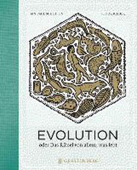 Boek met de titel 'Evolution oder Das Rätsel von Leben, was ist' in zeshoekige vorm, met illustraties van dieren en mensen.
