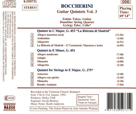 CD-boekje met tracklist van Boccherini's Gitaarkwintetten Vol. 3 met Zoltán Tokos en Danubius String Quartet. Cover: De Gitaarspeler door Jean Antoine Watteau.