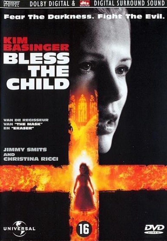 DVD-hoes van 'Bless the Child' met Kim Basinger. Een kruis van vuur met een meisje in het midden.