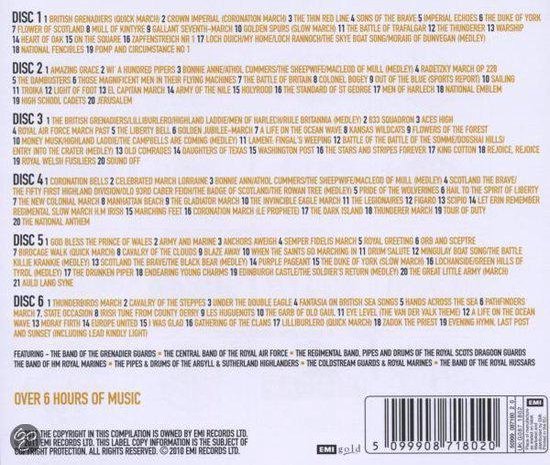 Achterkant van het album 'Military Bands 6 CD' met een lijst van nummers en 'Over 6 hours of music'.