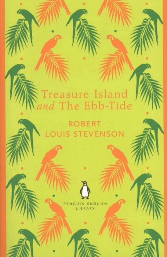 Boek 'Treasure Island and The Ebb-Tide' met felgroene kaft, versierd met oranje en groene papegaaien en palmtakken. Titel en auteur in rode letters.
