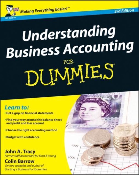 Boekcover van 'Understanding Business Accounting for Dummies', 3e editie, met de Britse koningin Elizabeth II en stapels munten.
