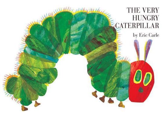 De cover van 'The Very Hungry Caterpillar' van Eric Carle, met een groene rups met veel poten.