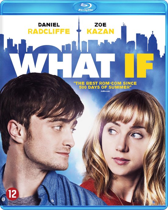 Blu-ray cover met Daniel Radcliffe en Zoe Kazan voor de film 'What If'. Stadsgezicht op de achtergrond.