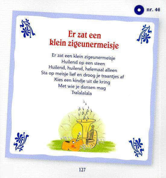 Een kinderliedje getiteld 'Er zat een klein zigeunermeisje', met een tekening van een zigeunermeisje bij een tuba.