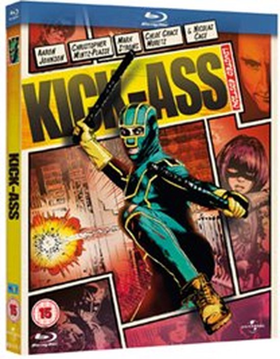 Blu-ray hoes met Kick-Ass in groen-geel pak, met een knuppel, in actie.