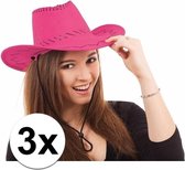 3x Voordelige roze cowboy hoeden met stiksels