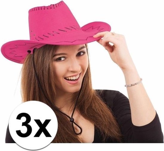 3x Voordelige roze cowboy hoeden met stiksels | bol.com