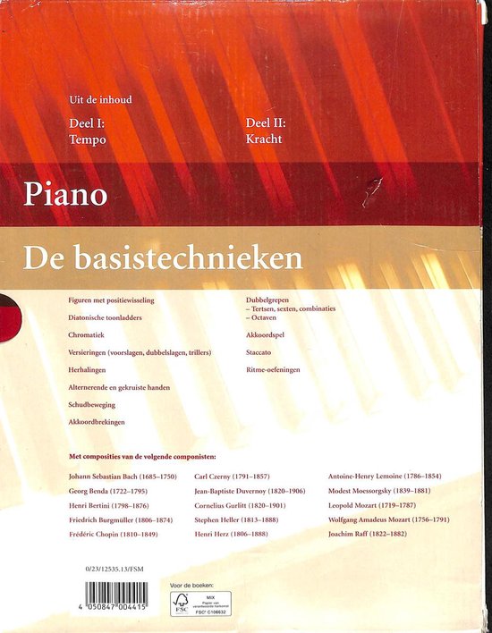 Achterkant van een pianoboek met de titel De basistechnieken. Bevat een inhoudsopgave en een lijst met componisten.