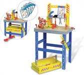 Houten speelgoed werkbank, gereedschapskoffer, gereedschap en bouwmaterialen