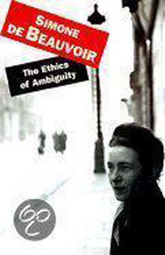 Boekomslag van The Ethics of Ambiguity door Simone de Beauvoir met een zwart-wit portret en een rode balk.