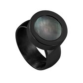 Quiges RVS Schroefsysteem Ring Zwart Glans 19mm met Verwisselbare Parelmoer Grijs Schelp 12mm Mini Munt