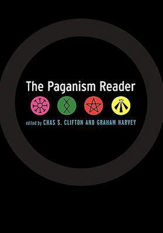 De kaft van het boek 'The Paganism Reader' met vier symbolen: een wiel, een rune, een pentagram en een klaver, met de tekst 'edited by CHAS S. CLIFTON AND GRAHAM HARVEY'.