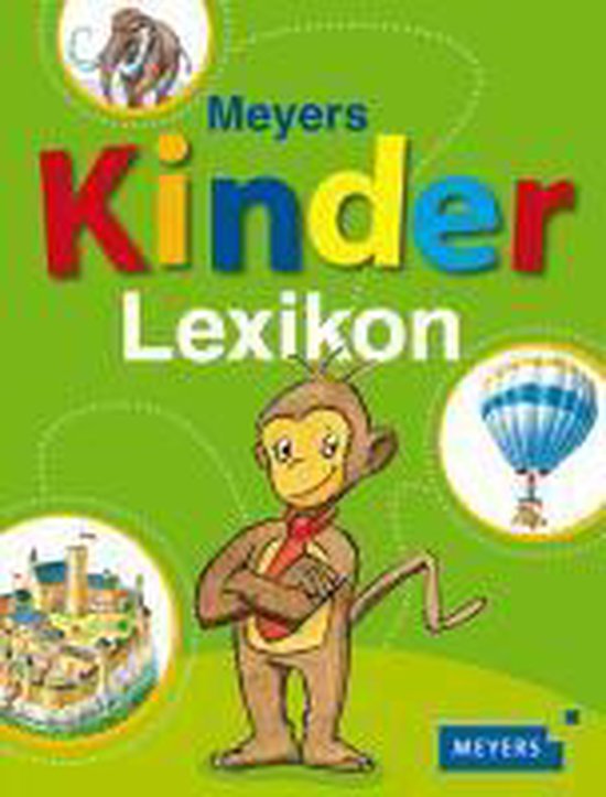 Meyers Kinderlexikon met een aap, mammoet, luchtballon en kasteel.