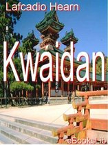 De voorkant van het boek 'Kwaidan' van Lafcadio Hearn, met een pagode op de achtergrond.