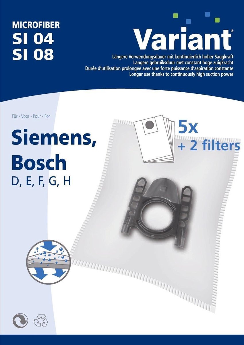 Siemens Bosch Krups D E F G H microfiber stofzuigerzakken 5 stuks + filter
