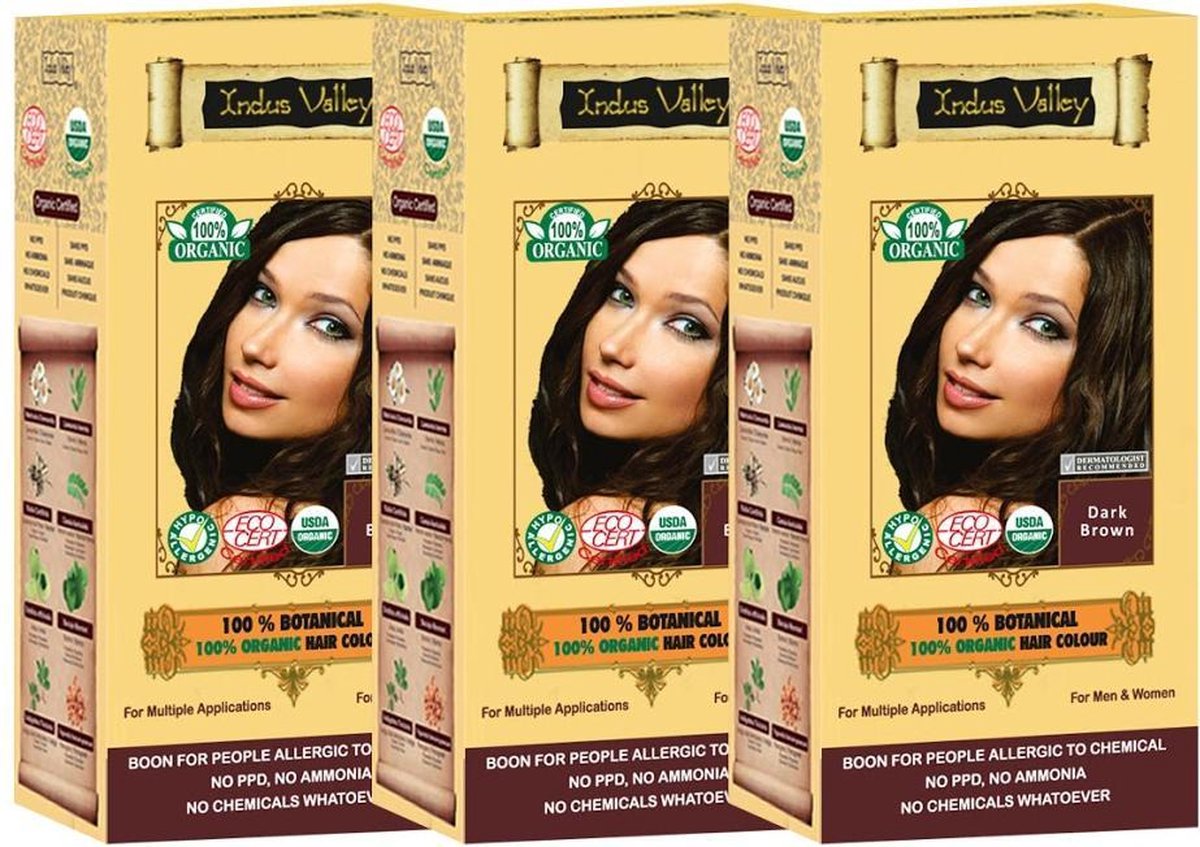 Indus Valley 100% BOTANICAL Dark Brown 100% Natuurlijke BIO Organic 9-Kruiden o.a. Henna Haarverf Zonder PPD, PTD, Ammonia, Ammoniak, Peroxide, Waterstofperoxide etc.