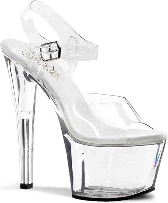 Pleaser - SKY-308 Sandaal met enkelband, Paaldans schoenen - Paaldans schoenen - 45 Shoes - Transparant/Zilverkleurig