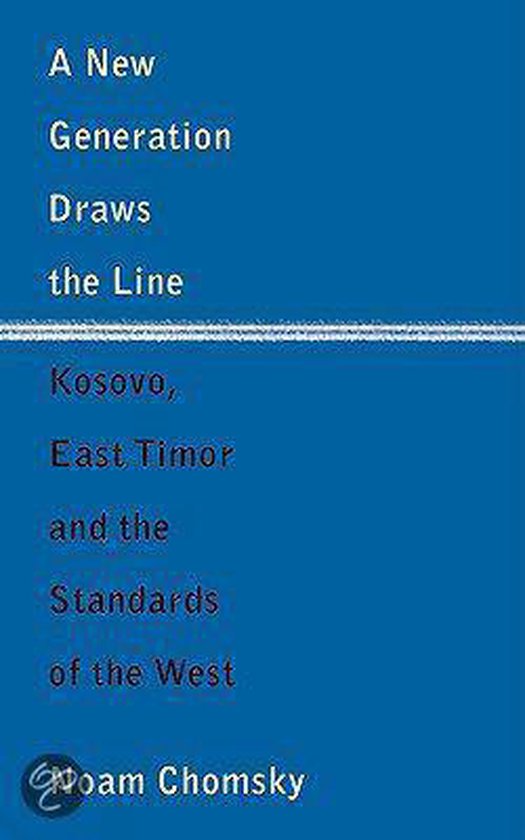 Boek 'A New Generation Draws the Line' van Noam Chomsky op blauwe achtergrond.