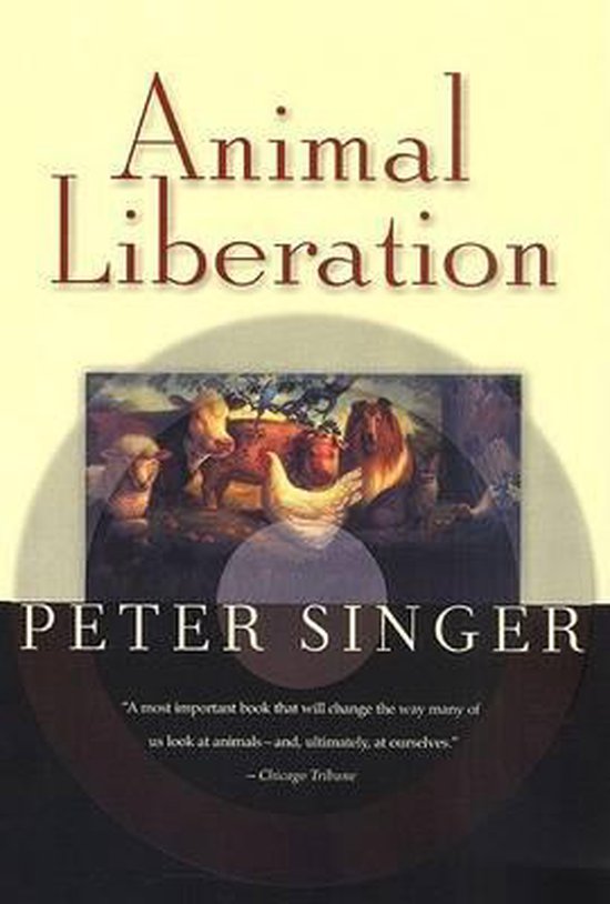 Boek "Animal Liberation" van Peter Singer, met een afbeelding van een leeuw, koe en kip.