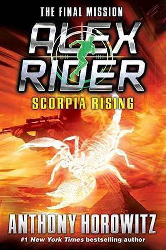 Boek 'Scorpia Rising' met Alex Rider, een gloeiende schorpioen en een militair op de achtergrond.