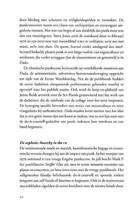 Pagina met tekst over punk, Dada, Sex Pistols en de punkscene in Londen. Pagina 22.