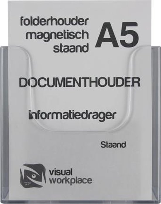 Doorzichtige A5 maphouder met 'folderhouder magnetisch staand' en het logo van Visual Workplace.