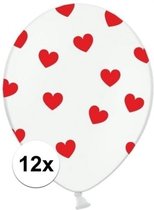 Witte ballonnen met hartjes rood 12 stuks
