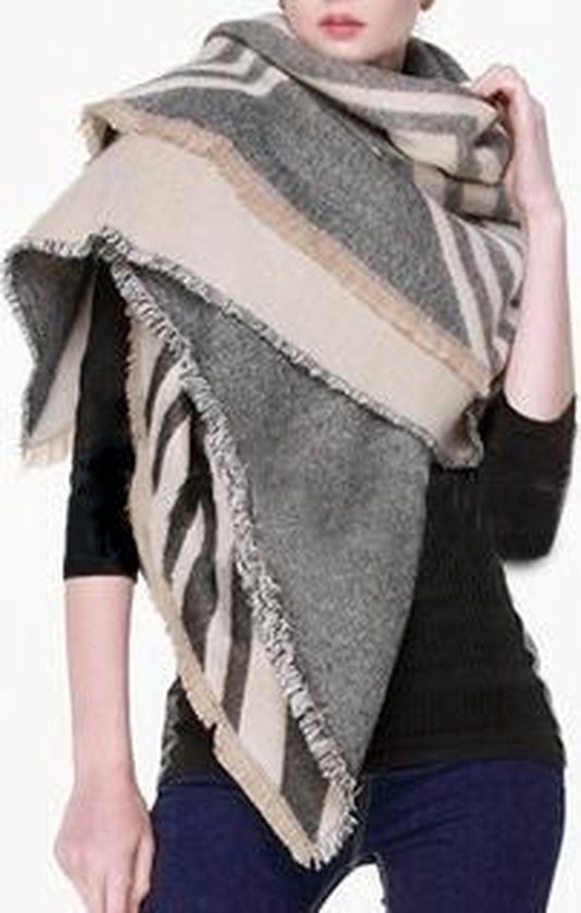 Dames sjaal grave|beige grijs|Strepen|Wol mix|Vierkante sjaal | bol