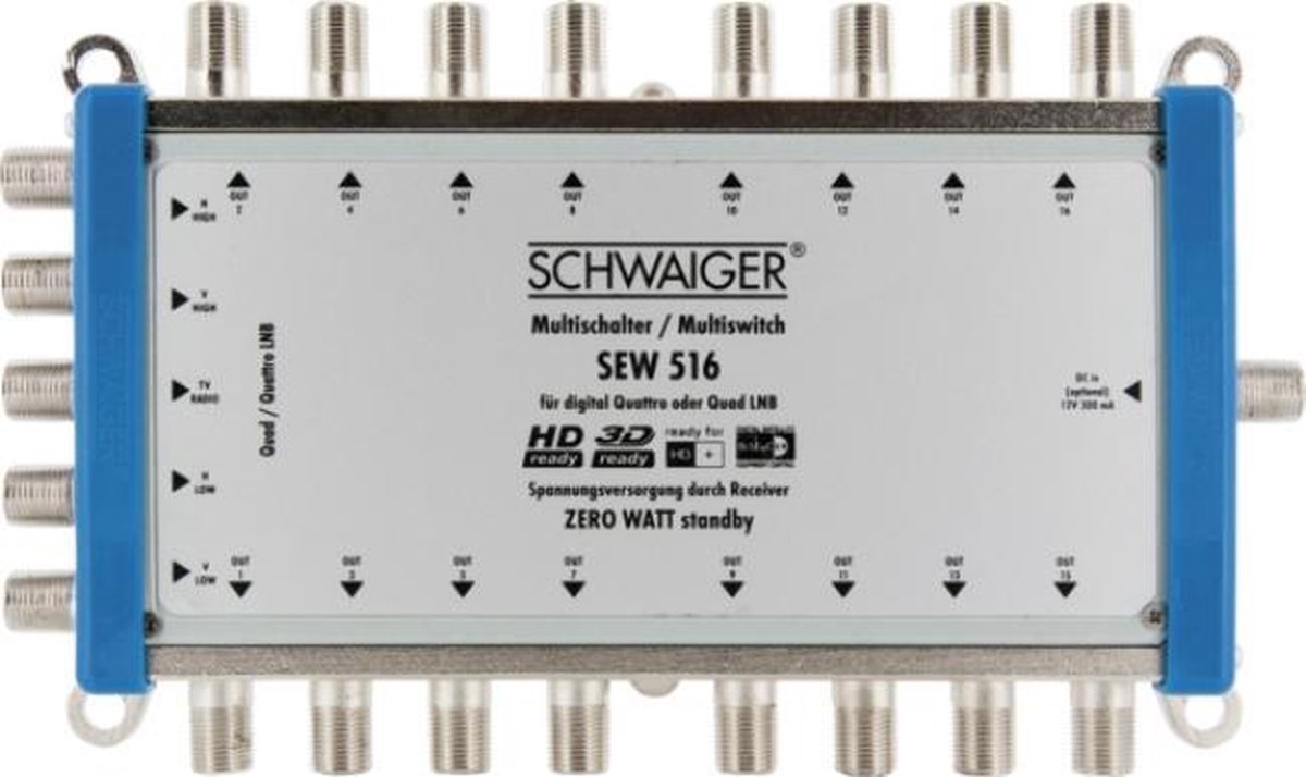 Schwaiger SEW516 531 Satelliet multiswitch Ingangen (satelliet): 5 (4 satelliet / 1 terrestrisch) Aantal gebruikers: 16