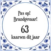 Verjaardag Tegeltje met Spreuk (63 jaar: Pas op! brandgevaar! 63 kaarsen dit jaar! + cadeau verpakking & plakhanger