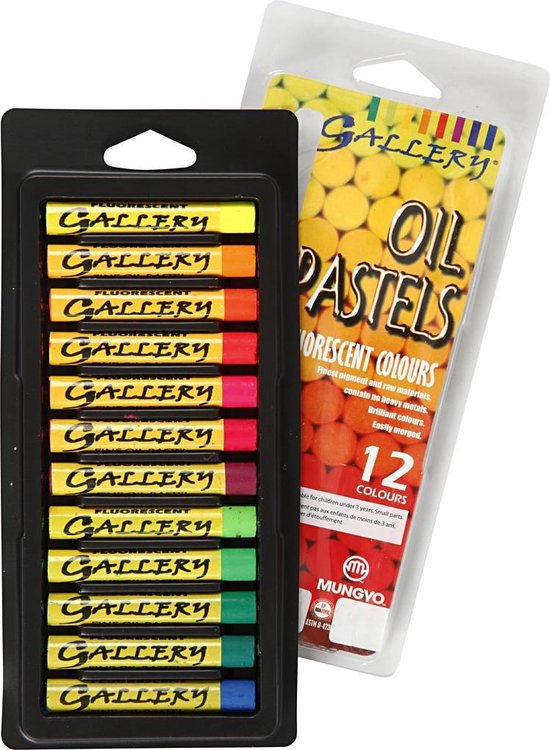 Set van 12 Gallery fluorescent oliepastels in originele verpakking met merknaam.