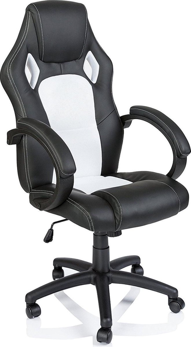 TRESKO® Racing directeursstoel bureaustoel draaistoel 14 kleurvarianten, gevoerde armleuningen, wipmechaniek, liftsysteem SGS-getest (zwart/wit)