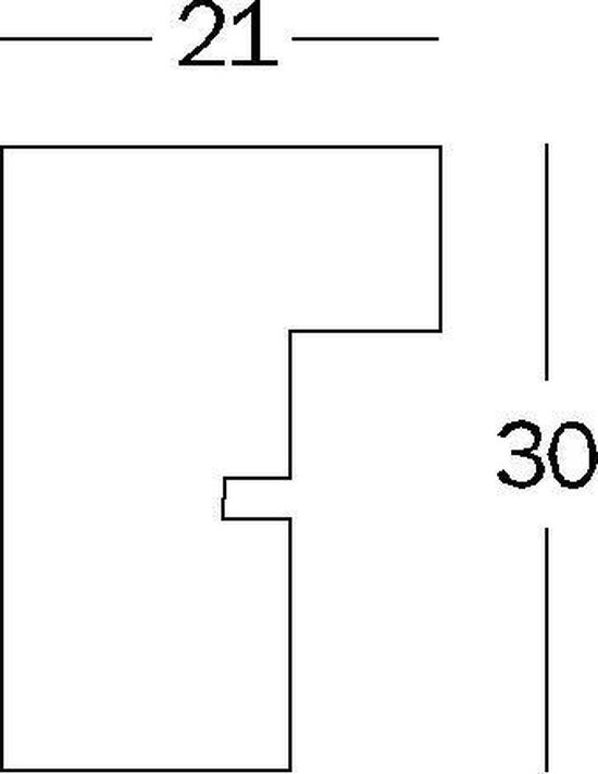 Technische tekening van een fotolijstprofiel, 21mm breed en 30mm hoog.