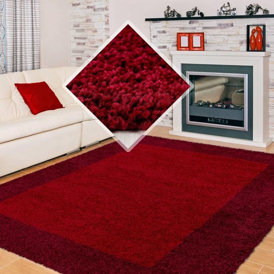 Flycarpets Candy Shaggy Vloerkleed - 200x290cm - Rood Lijstmotief - Hoogpolig