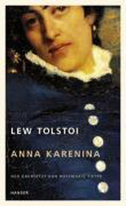 Boek 'Anna Karenina' van Lew Tolstoi, met een schilderij van een vrouw met een witte kraag.