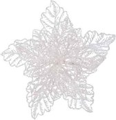 1x Kerstboomversiering op clip witte glitter bloem 23 cm - kerstboom decoratie - witte kerstversieringen
