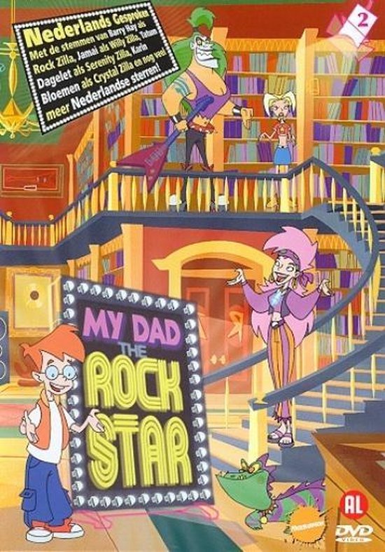 Voorblad 'My Dad The Rock Star 2', met de hoofdpersonen en de titel in neonletters. Nederlands gesproken.