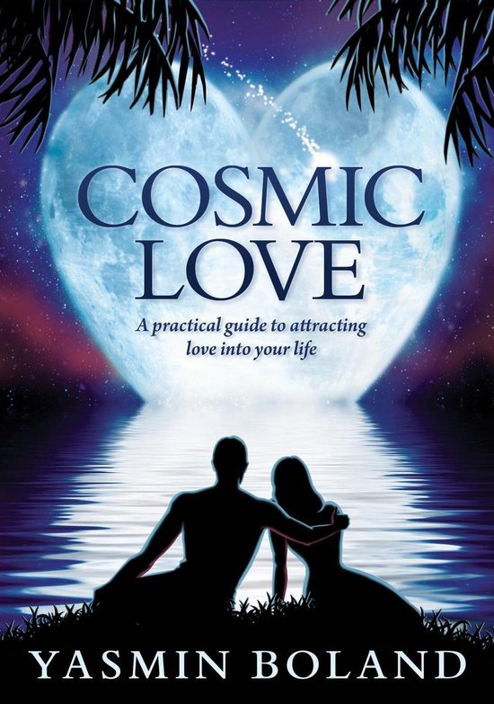Boek 'Cosmic Love' met een silhouette van een stel op een strand bij een maan in hartvorm. Titel in blauwe letters.