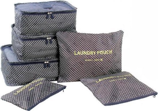 Set van 6 opbergzakken met blauw en wit patroon, inclusief 'Laundry Pouch'.