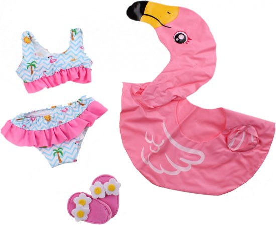 Roze zwemset met visgraatmotief, flamingo's en ananas. Bevat topje, broekje, roze slippers en flamingo zwemband.