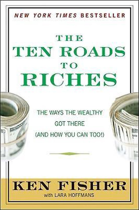 Livre "The Ten Roads to Riches" avec des liasses d'argent enroulées de chaque côté et le texte "New York Times Bestseller".