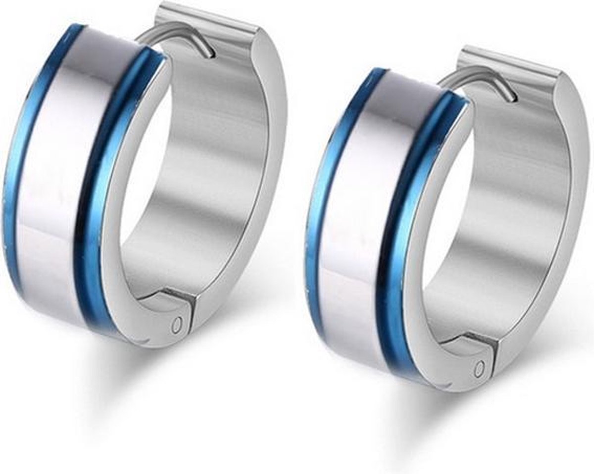 Smalle stalen mannen oorringen Zilverkleurig Blauw