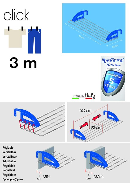 Instructies en voorbeelden van gebruik van een blauw verstelbaar droogrek, inclusief afmetingen, materiaalinformatie en hoe het aan een muur te bevestigen.