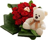 20 rode rozen met liefde roos en knuffelbeer ( 20 cm)