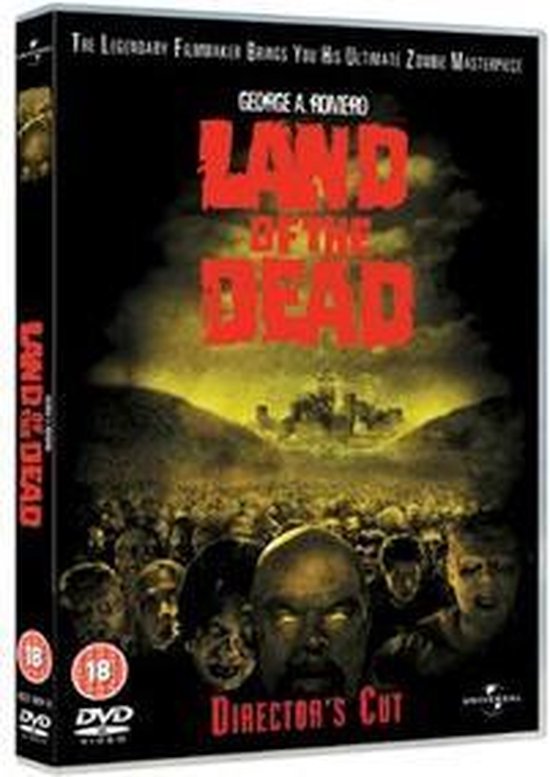 DVD hoes van Land of the Dead, met een menigte zombies voor een stad met een gele hemel.