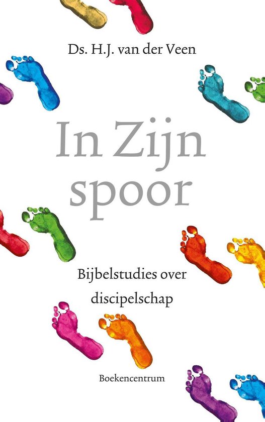 Boekomslag met de titel "In Zijn spoor" en veelkleurige voetafdrukken.