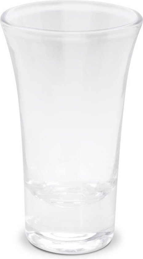Doorzichtig glazen shotglas met een brede opening en een dikke bodem.