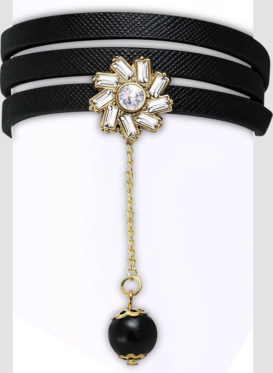 Bracelet Amanto Cos Noir - Femme - Cuir PU - Messing - Zircone - 17 mm - 56 cm